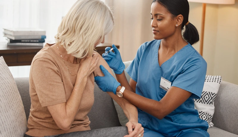 A healthcare professional administering a pneumonia vaccine to an elderly patient.